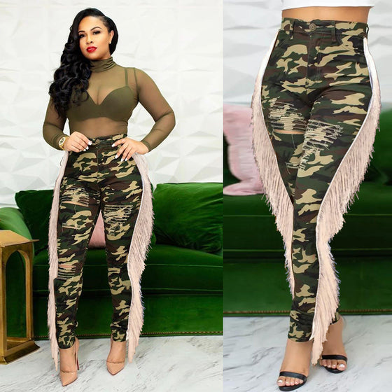 Land of Nostalgia Camouflage Women's Casual Ripped Denim Tassel Pants Jeans