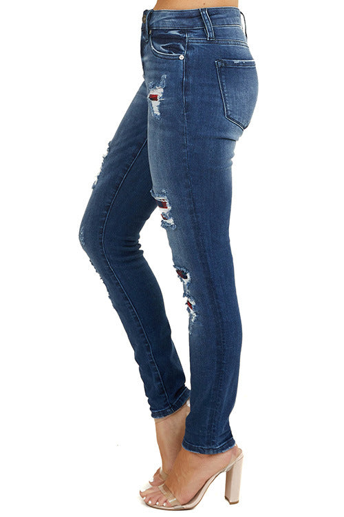 Land of Nostalgia Women's British Skinny Ripped Trousers Sexy Tight Denim Jeans