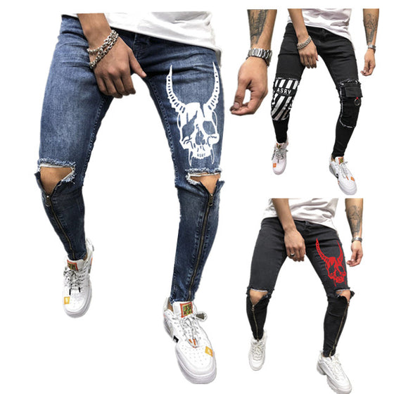 Land of Nostalgia Men's Knee Patches Stretch Pleated Ripped Jeans