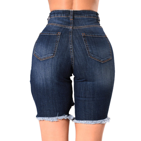 Land of Nostalgia Summer High Elasticity Women's Jeans Knee Ripped Hole Shorts