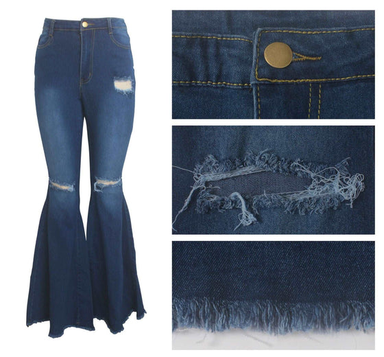 Land of Nostalgia Bell Bottom Wide Leg Knee Ripped Flare Jeans