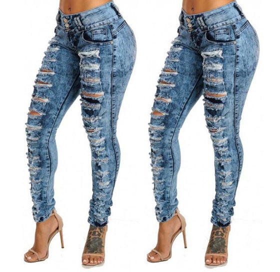Land of Nostalgia High Waist Breasted Ripped Slim Fit Pants Women's Hole Jeans