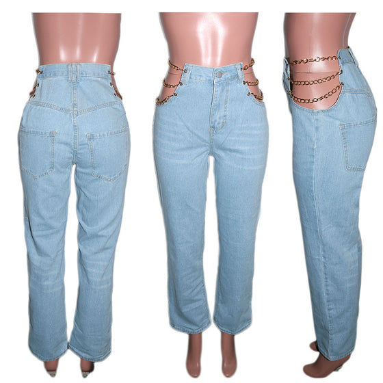 Land of Nostalgia Women's Straight Sexy Hollow Out Trousers Waist Chain Denim Pants Jeans