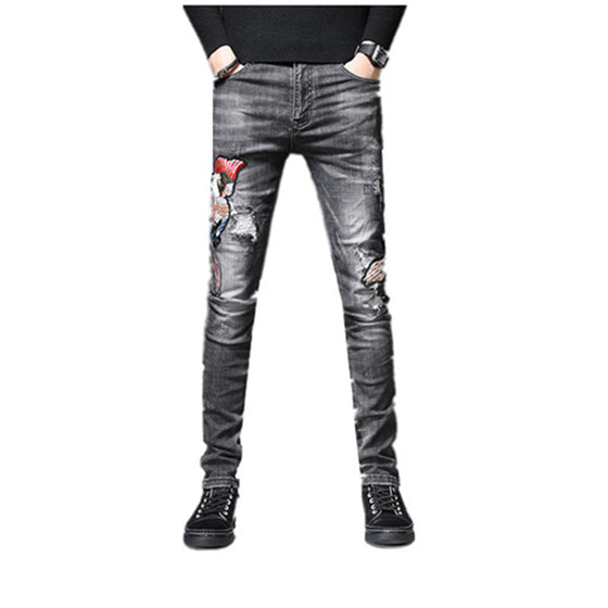 Land of Nostalgia Men's Distressed Skinny Denim Pants Hole Embroidery Trousers Jeans