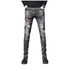 Land of Nostalgia Men's Distressed Skinny Denim Pants Hole Embroidery Trousers Jeans (Ready to Ship)