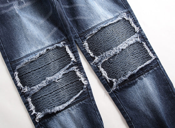 Land of Nostalgia Straight Hip Hop Biker Pleated Jeans Men's Streetwear Zipper Denim Pants