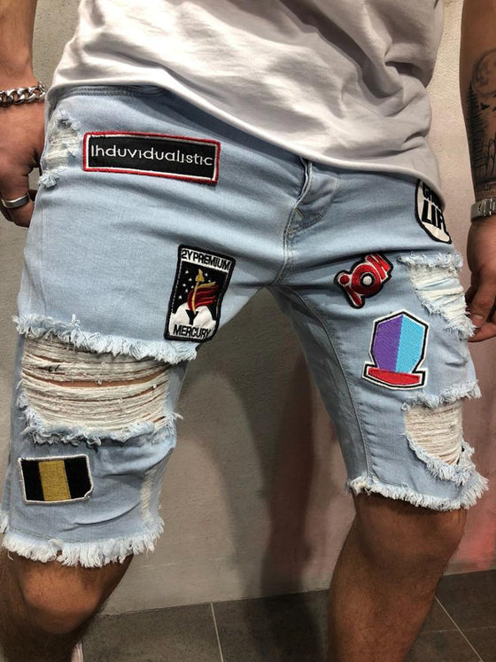 Land of Nostalgia Men's Casual Patches Denim Pants Ripped Jeans Shorts