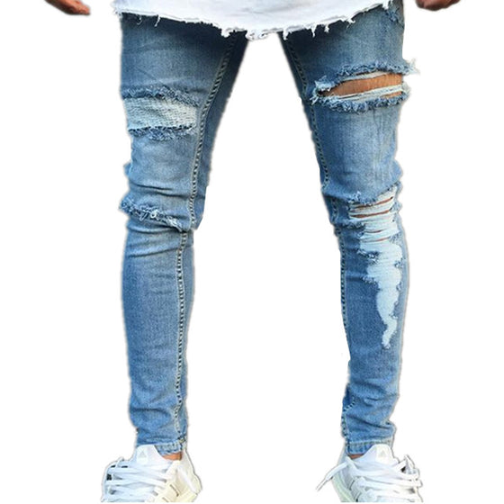 Land of Nostalgia Men's Stretch Slim Ripped Trousers Pants Jeans