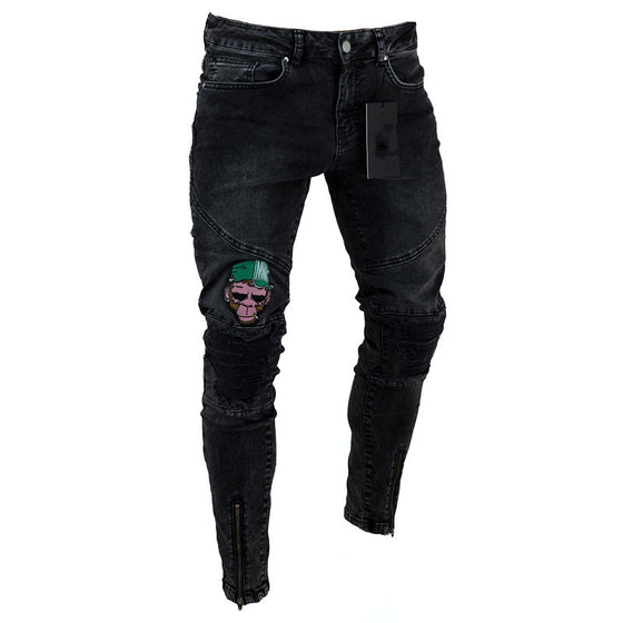 Land of Nostalgia Men's Streetwear Denim Pants Embroidery Ripped Jeans
