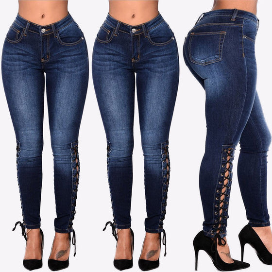 Land of Nostalgia Women's Pumping Rope Bandage Trousers Denim Pants Jeans