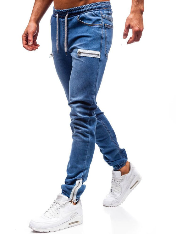 Land of Nostalgia Men's Casual Trousers Pencil Pants Slim Zipper Drawstring Jeans