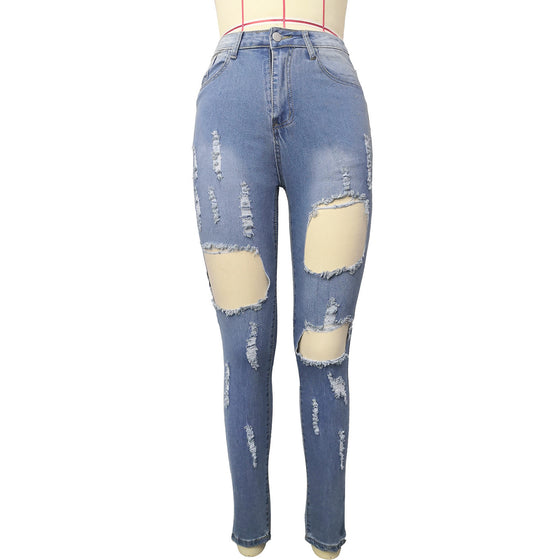 Land of Nostalgia Women's Skinny Tight Ripped Blue Denim Jeans