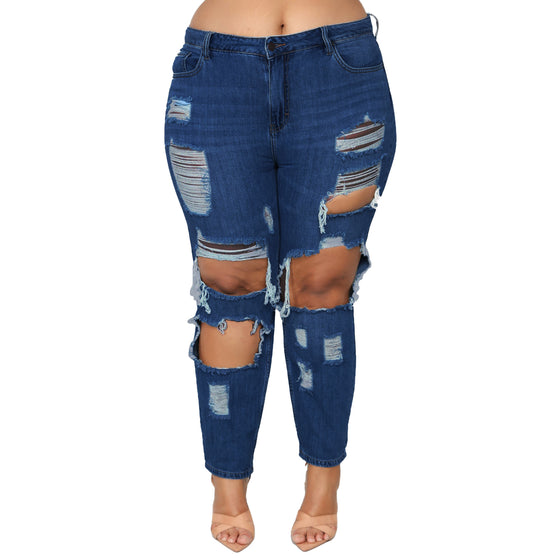 Land of Nostalgia Women's Plus Size Destroyed Ripped Stretch Denim Pants Jeans