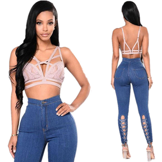 Land of Nostalgia High Waist Elastic Pantalones Women's Bandage Denim Jeans Trousers