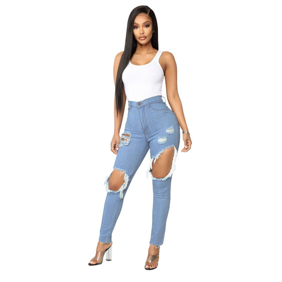 Land of Nostalgia High Waist Elastic Women's Ripped Hole Stretch Denim Washed Jeans
