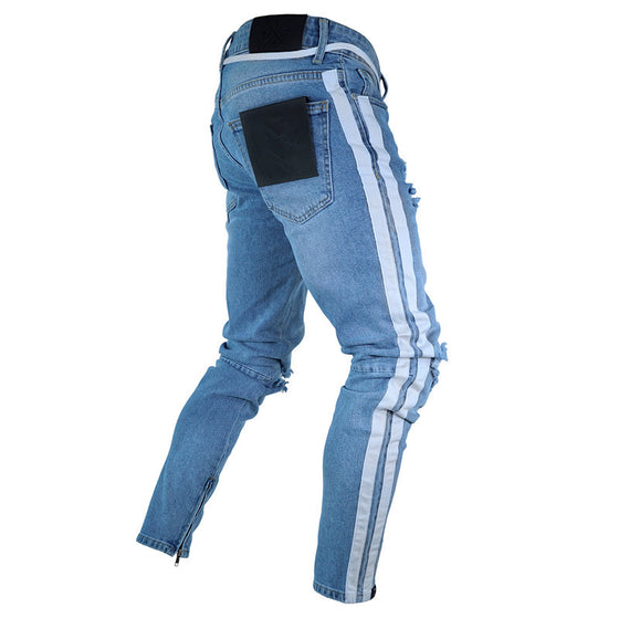 Land of Nostalgia Hip Hop Ripped Denim skinny Side Stripe Trousers Pants slim Men Jeans Blue