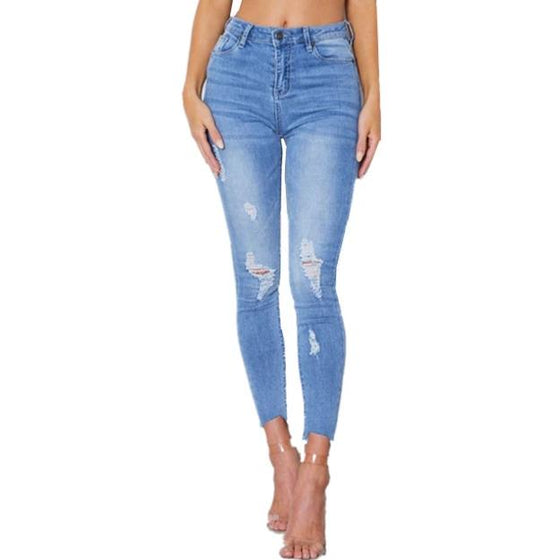 Land of Nostalgia High Waist Elastic Ripped Denim Pants Women's Trousers Skinny Fit Jeans