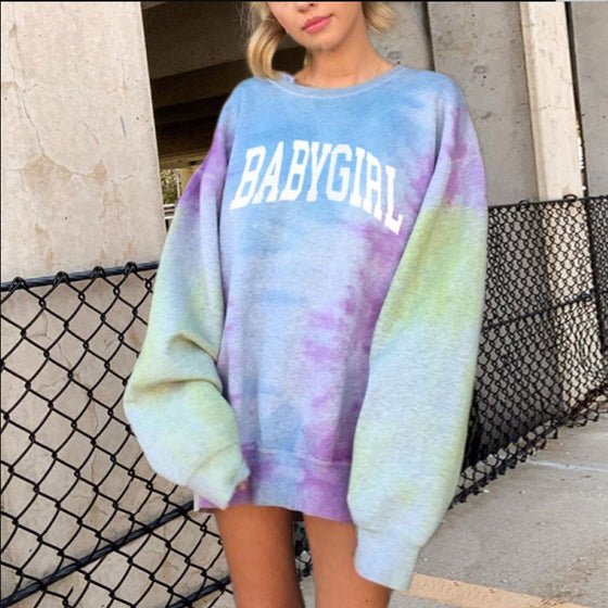 Land of Nostalgia O-Neck Women's Casual Long Sleeve Tie Dye Pullover Hoodie