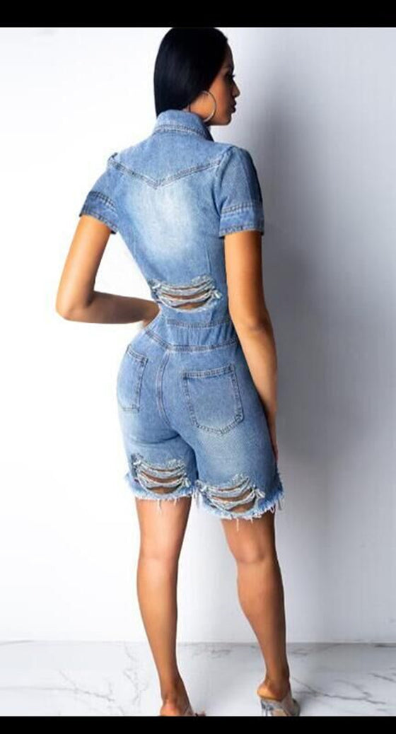 Land of Nostalgia Women's Destroyed Ripped Denim Jumpsuit Sexy Streetwear Jeans