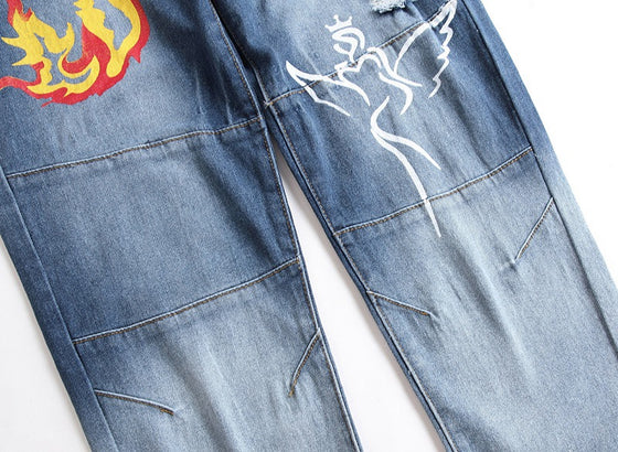 Land of Nostalgia Men's Hip Hop Fire Angel Print Design Denim Jeans