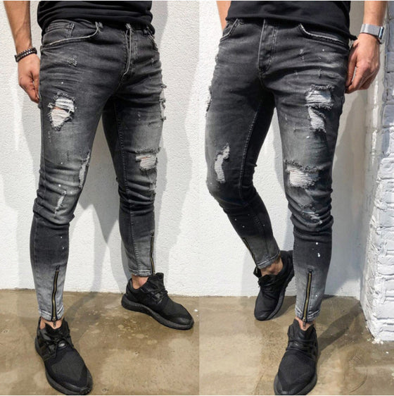 Land of Nostalgia Men's Jeans Dark Gray Slim Destroyed Ripped Jeans Broken Punk Pants Hip Hop Jeans for Men