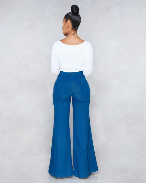 Land of Nostalgia High Waisted Wide Leg Women's Trousers Denim Flared Jeans