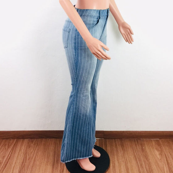 Land of Nostalgia High Waist Women's Long Flared Pants Stripe Washed Jeans