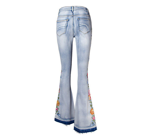 Land of Nostalgia High Elastic Flare Trouser Pants Women's Embroidery Skinny Jeans