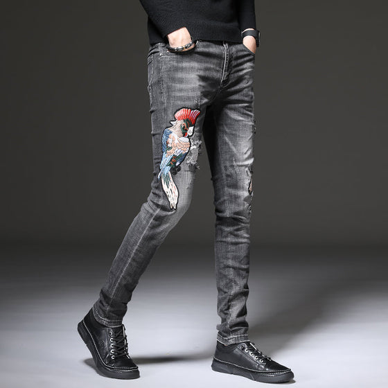 Land of Nostalgia Men's Distressed Skinny Denim Pants Hole Embroidery Trousers Jeans (Ready to Ship)