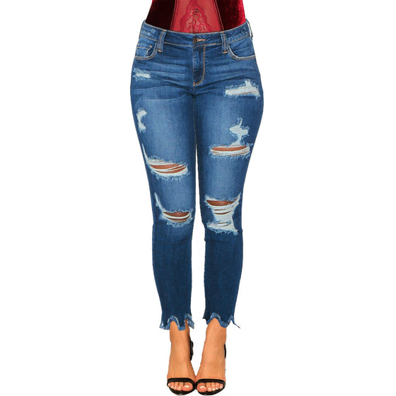 Land of Nostalgia Women's Destroyed Ripped Knee Hole Denim Trousers Jeans