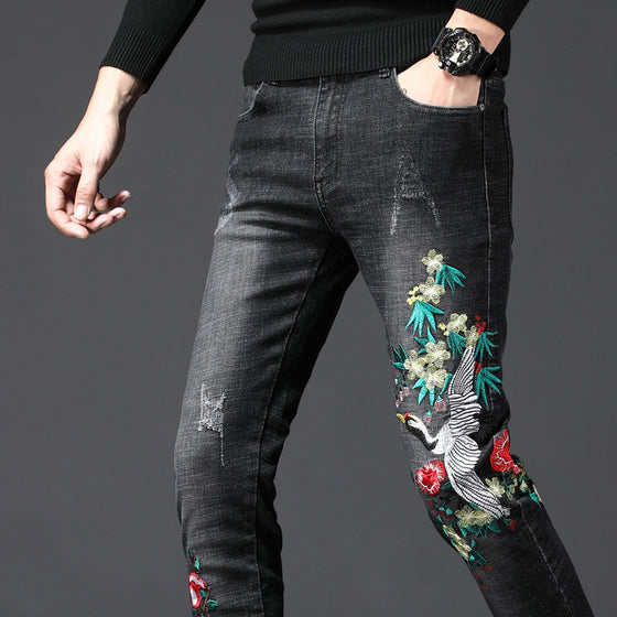Land of Nostalgia Men's Denim Pants Skinny Jeans with Embroidery Flower Design