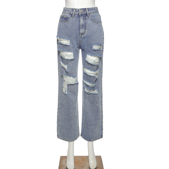 Land of Nostalgia High Waist Hip Hop Ripped Trousers Women's Loose Jeans