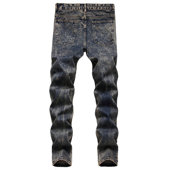 Land of Nostalgia Men's Embroidered Hole Patch Straight Ripped Trousers Jeans