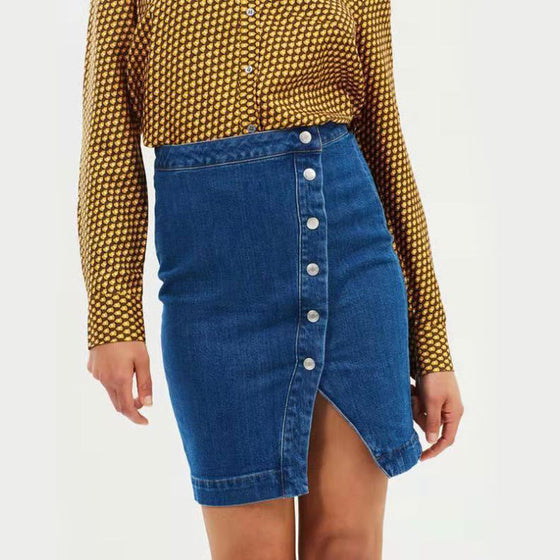 Land of Nostalgia High Waisted Women's Pencil Button Denim Jeans Dress Skirt