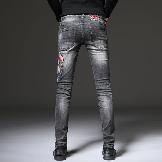 Land of Nostalgia Men's Distressed Skinny Denim Pants Hole Embroidery Trousers Jeans
