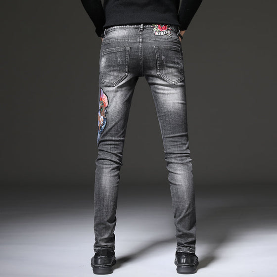 Land of Nostalgia Men's Distressed Skinny Denim Pants Hole Embroidery Trousers Jeans (Ready to Ship)