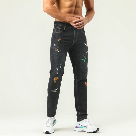 Land of Nostalgia Men's Long Pants Embroidery Pattern Jeans