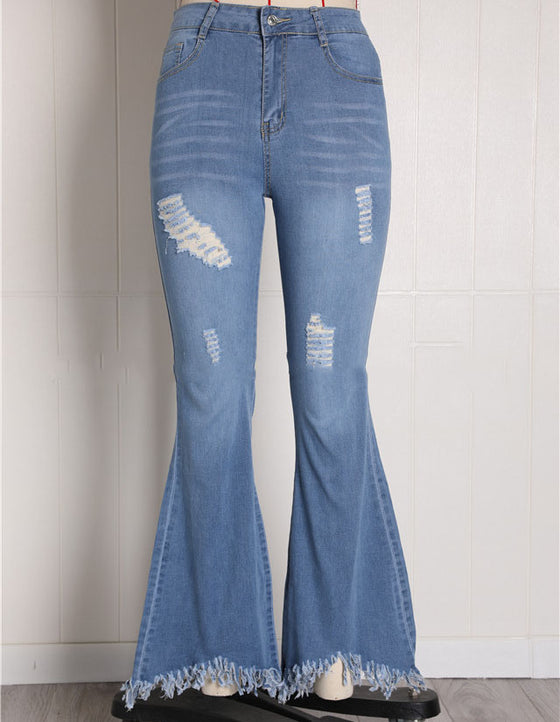 Land of Nostalgia High Waist Distressed Flare Trousers Women's Tassel Hole Denim Jeans