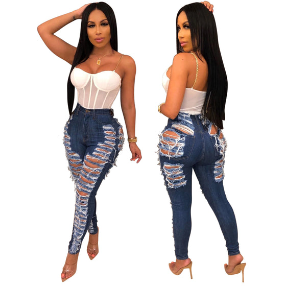 Land of Nostalgia High Waist Distressed Slim Pants Women's Skinny Ripped Jeans