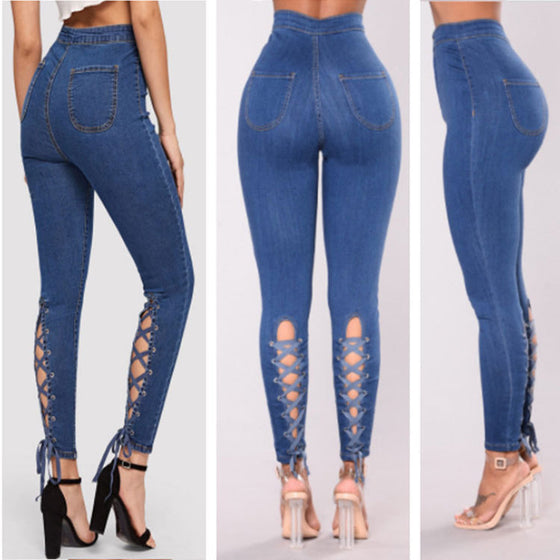 Land of Nostalgia High Waist Elastic Pantalones Women's Bandage Denim Jeans Trousers