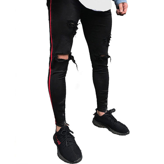 Land of Nostalgia Mens Black Skinny Jeans with Red Side Stripe (Ready to Ship)