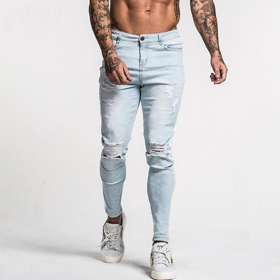 Land of Nostalgia Distressed Men's Stretch Skinny Ripped Blue Slim Fit Jeans