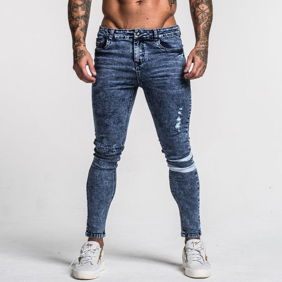 Land of Nostalgia Men's Distressed Skinny Jeans with Reflective Stripes (Ready to Ship)