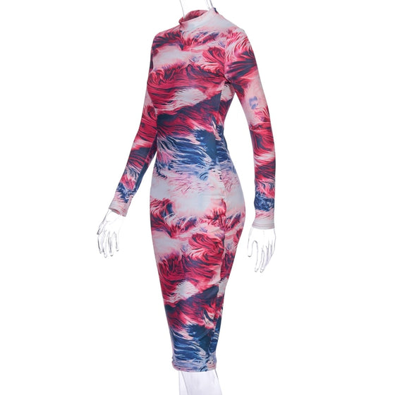 Land of Nostalgia Women's Tie Dye Colorful Print Midi Long Sleeve Dress