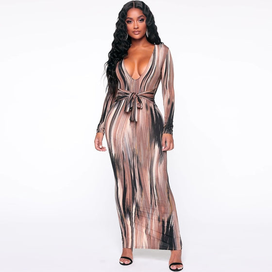 Land of Nostalgia Long Sleeve V-neck Bandage Women's Long Dress