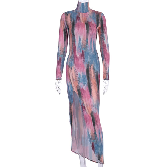 Land of Nostalgia High Neck Tie Dye Print Women's Long Slit Dress