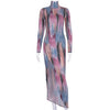 Land of Nostalgia High Neck Tie Dye Print Women's Long Slit Dress