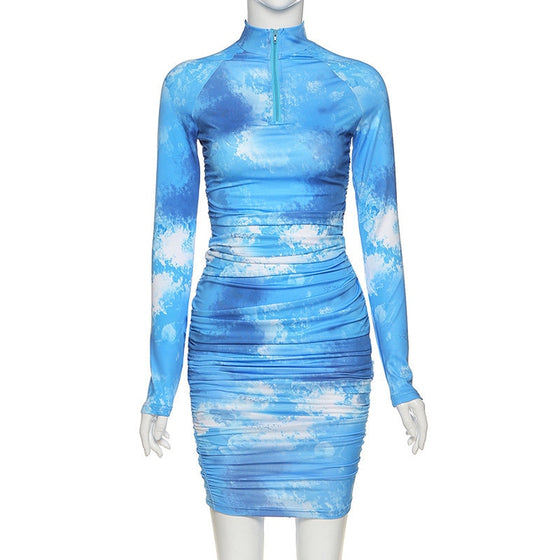 Land of Nostalgia Long Sleeve Tie Dye Ruched Bodycon Women's Mini Dress