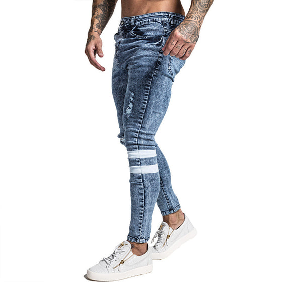 Land of Nostalgia Men's Distressed Skinny Jeans with Reflective Stripes (Ready to Ship)