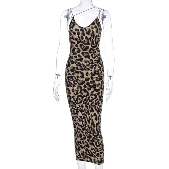 Land of Nostalgia V-neck Leopard Print Women's Sleeveless Midi Dress